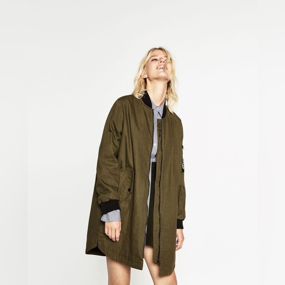 Zara Denim Speak Up Long Bomber Jacket - Picture 2 of 16